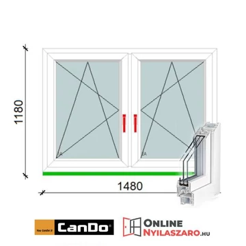 150x120 Cm Középen Felnyíló Bukó-Nyíló Cando műanyag ablak 3 rétegű üveggel