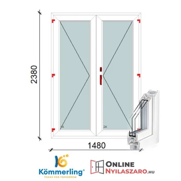 150x240 Cm Váltószárnyas Átmenőkilincses Kifelé Nyíló+Nyíló műanyag erkélyajtó 2 rétegű üveggel
