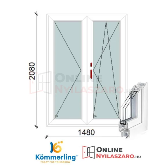 150x210 Cm Váltószárnyas Átmenőkilincses Bukó-Nyíló+Nyíló műanyag erkélyajtó 2 rétegű üveggel