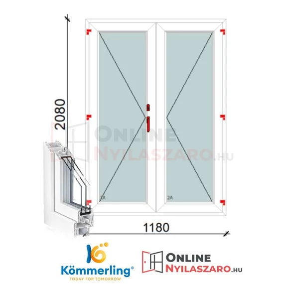 120x210 Cm Váltószárnyas Átmenőkilincses Kifelé Nyíló+Nyíló műanyag erkélyajtó 2 rétegű üveggel