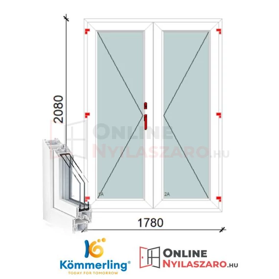 180x210 Cm Váltószárnyas Átmenőkilincses Kifelé Nyíló+Nyíló műanyag erkélyajtó 2 rétegű üveggel