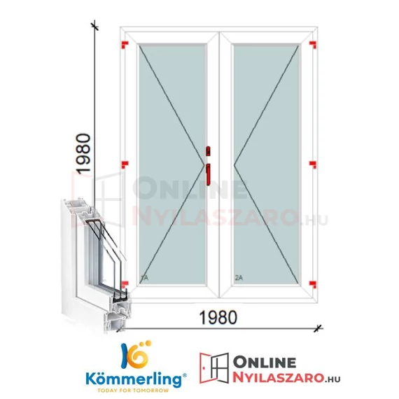 200x200 Cm Váltószárnyas Átmenőkilincses Kifelé Nyíló+Nyíló műanyag erkélyajtó 2 rétegű üveggel