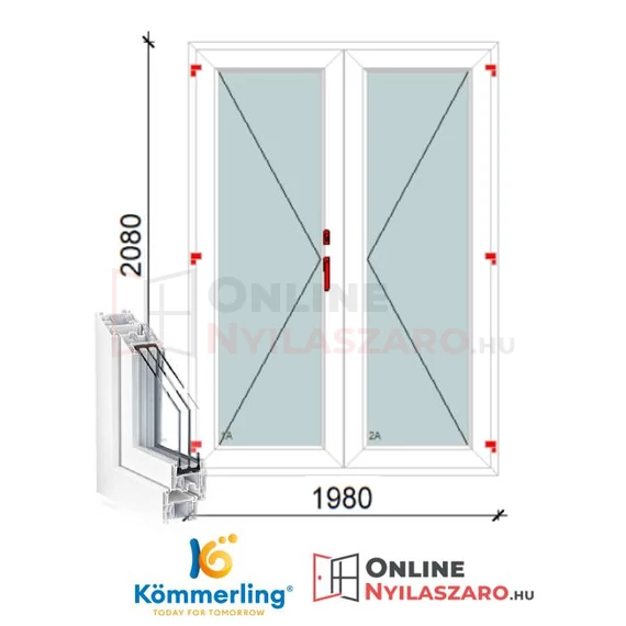 200x210 Cm Váltószárnyas Átmenőkilincses Kifelé Nyíló+Nyíló műanyag erkélyajtó 2 rétegű üveggel
