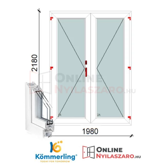 200x220 Cm Váltószárnyas Átmenőkilincses Kifelé Nyíló+Nyíló műanyag erkélyajtó 2 rétegű üveggel