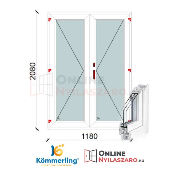 120x210 Cm Váltószárnyas Átmenőkilincses Kifelé Nyíló+Nyíló műanyag erkélyajtó 2 rétegű üveggel