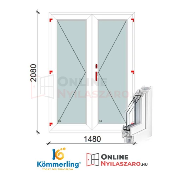 150x210 Cm Váltószárnyas Átmenőkilincses Kifelé Nyíló+Nyíló műanyag erkélyajtó 2 rétegű üveggel