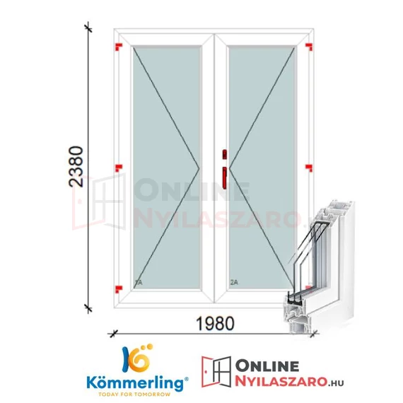 200x240 Cm Váltószárnyas Átmenőkilincses Kifelé Nyíló+Nyíló műanyag erkélyajtó 2 rétegű üveggel