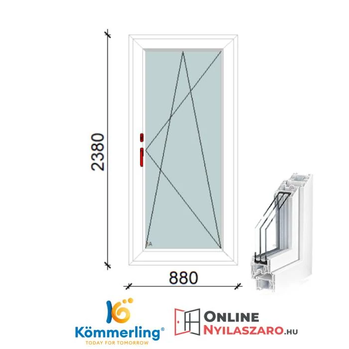 90x240 Cm Átmenőkilincses Bukó-Nyíló műanyag erkélyajtó 3 rétegű üveggel