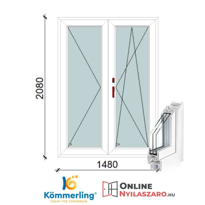 150x210 Cm Váltószárnyas Átmenőkilincses Bukó-Nyíló+Nyíló műanyag erkélyajtó 3 rétegű üveggel