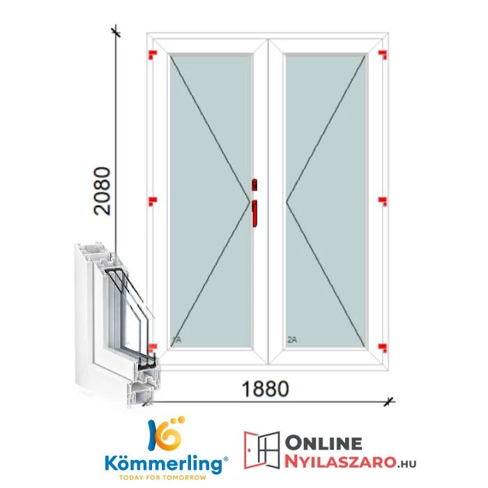 190x210 Cm Váltószárnyas Átmenőkilincses Kifelé Nyíló+Nyíló műanyag erkélyajtó 2 rétegű üveggel