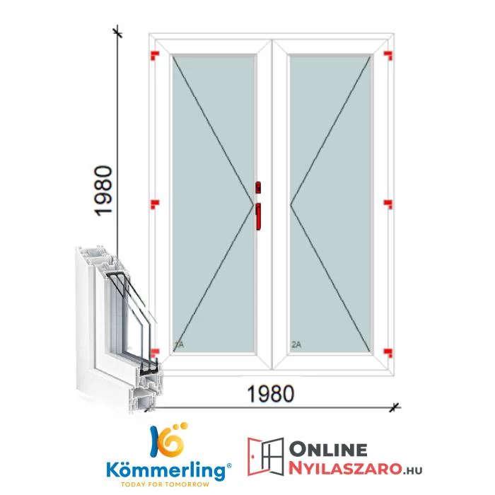 200x200 Cm Váltószárnyas Átmenőkilincses Kifelé Nyíló+Nyíló műanyag erkélyajtó 2 rétegű üveggel