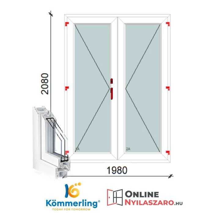 200x210 Cm Váltószárnyas Átmenőkilincses Kifelé Nyíló+Nyíló műanyag erkélyajtó 2 rétegű üveggel