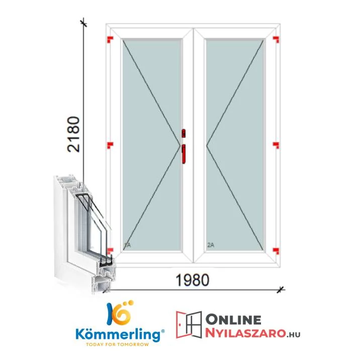 200x220 Cm Váltószárnyas Átmenőkilincses Kifelé Nyíló+Nyíló műanyag erkélyajtó 2 rétegű üveggel
